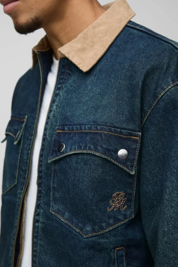 boohooMAN Oversized Boxy Trucker Denim Jacket With Cord Collar | Man | Denim