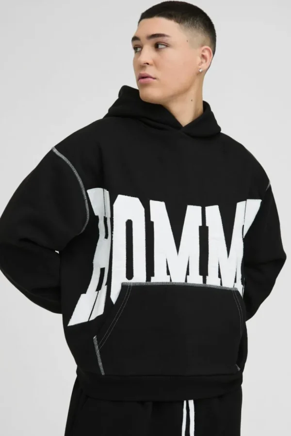 boohooMAN Oversized Boxy Twill Applique Contrast Stitch Hoodie | Hoodies & Sweats | T-Shirts