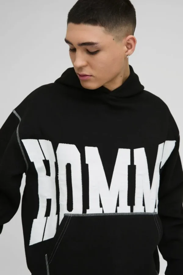 boohooMAN Oversized Boxy Twill Applique Contrast Stitch Hoodie | Hoodies & Sweats | T-Shirts