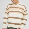 boohooMAN Oversized Boxy V Neck Brushed Stripe Knitted Jumper | Knitwear | Going Out Knitwear