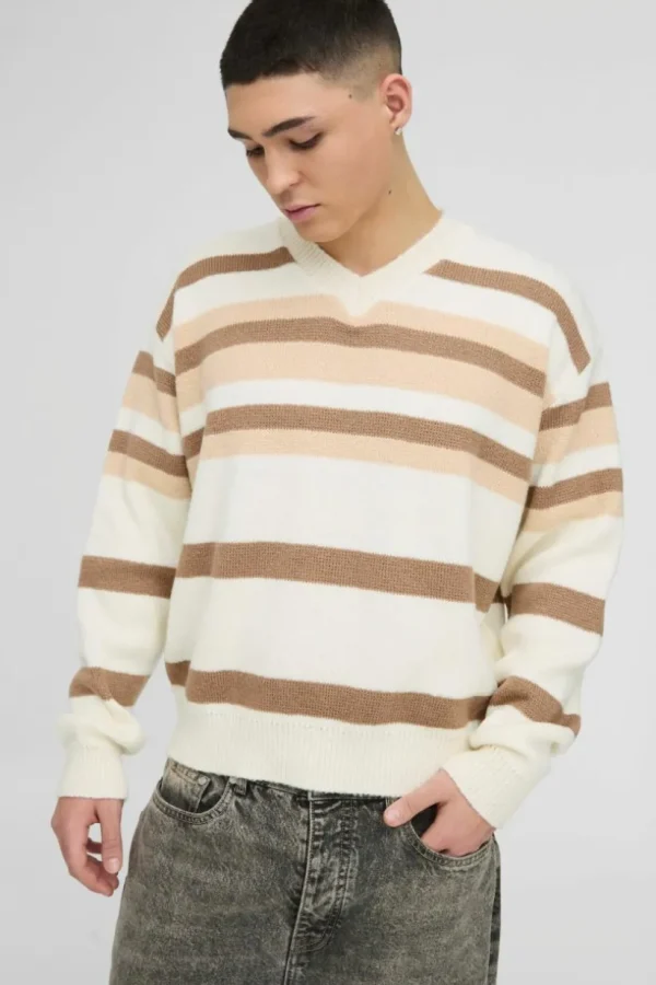 boohooMAN Oversized Boxy V Neck Brushed Stripe Knitted Jumper | Knitwear | Going Out Knitwear