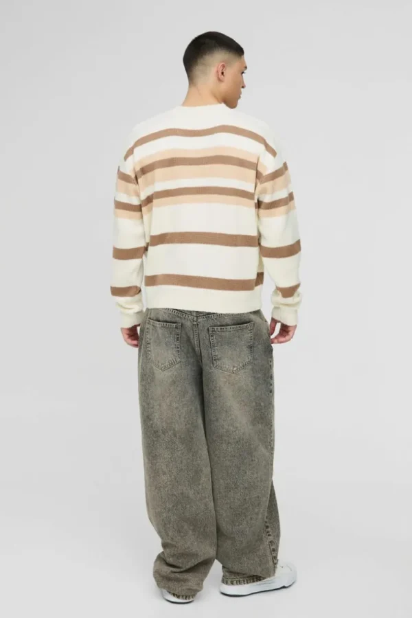 boohooMAN Oversized Boxy V Neck Brushed Stripe Knitted Jumper | Knitwear | Going Out Knitwear