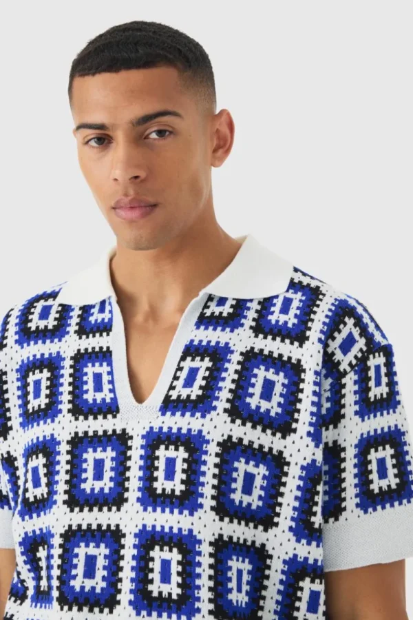 boohooMAN Oversized Boxy V Neck Crochet Knit Polo | Knitwear | Going Out Knitwear