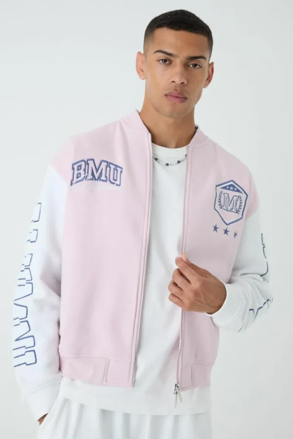 boohooMAN Oversized Boxy Varsity Applique Jersey Bomber Jacket | Man | Coats & Jackets