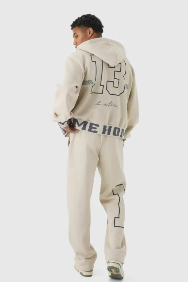 boohooMAN Oversized Boxy Varsity Printed Zip Through Tracksuit | Tracksuits