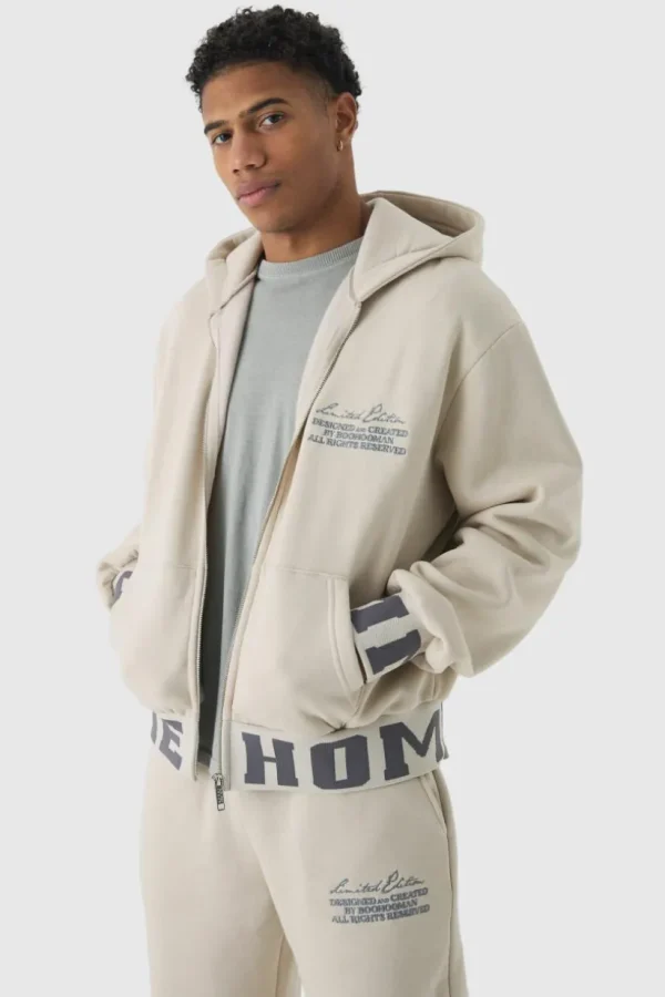 boohooMAN Oversized Boxy Varsity Printed Zip Through Tracksuit | Tracksuits