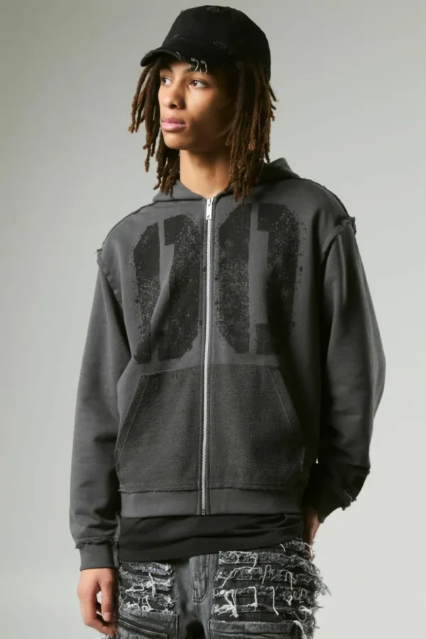 boohooMAN Oversized Boxy Varsity Raw Edge Zip Through Loopback Hoodie | Hoodies & Sweats