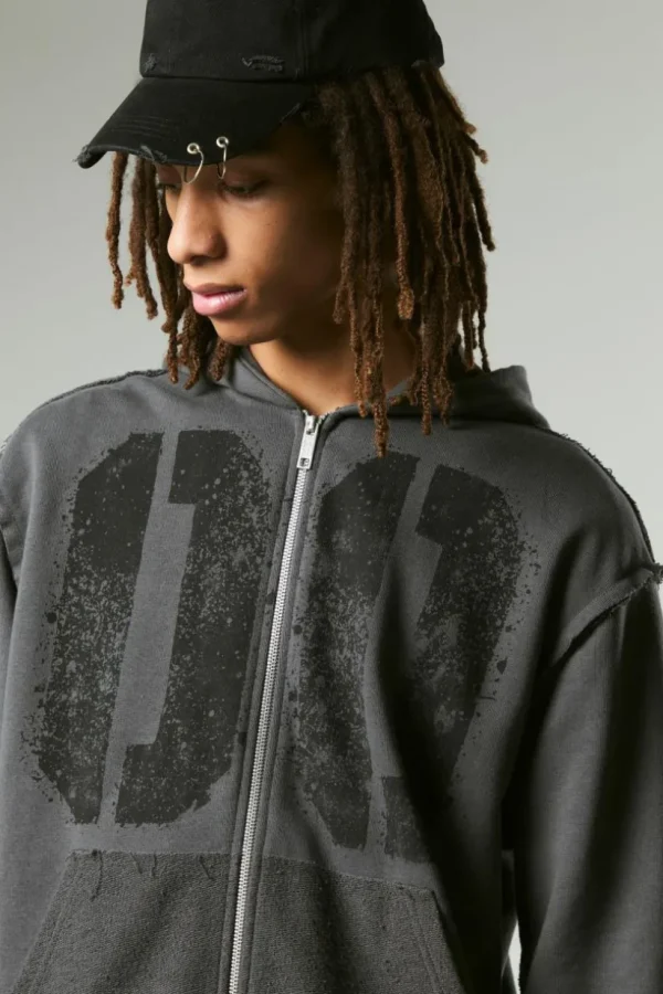 boohooMAN Oversized Boxy Varsity Raw Edge Zip Through Loopback Hoodie | Hoodies & Sweats