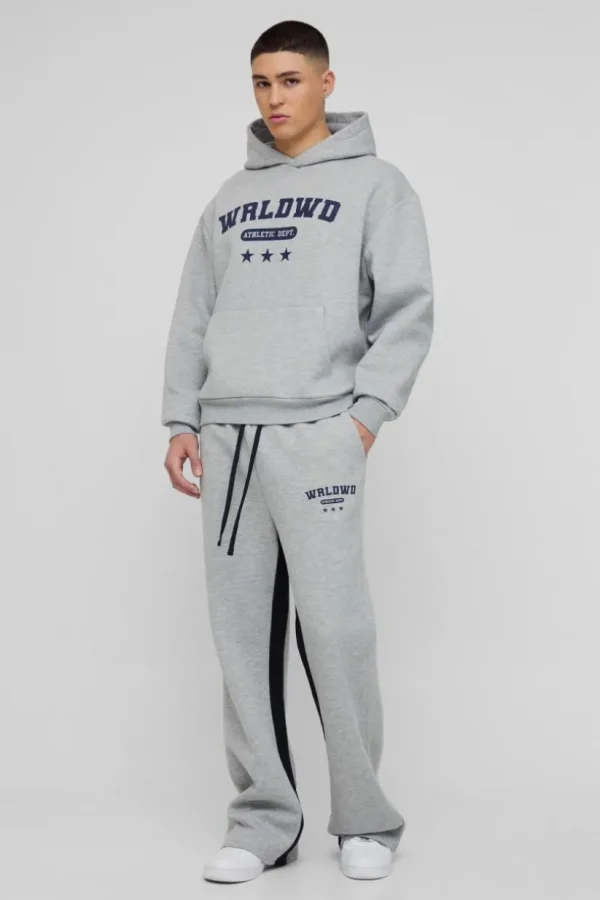 boohooMAN Oversized Boxy Worldwide Star Varsity Hooded Gusset Tracksuit | Tracksuits