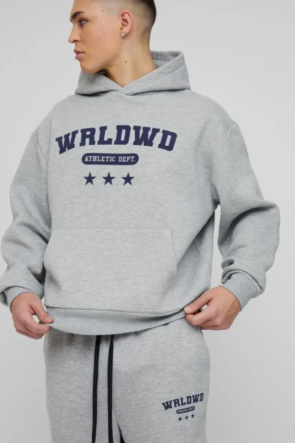 boohooMAN Oversized Boxy Worldwide Star Varsity Hooded Gusset Tracksuit | Tracksuits