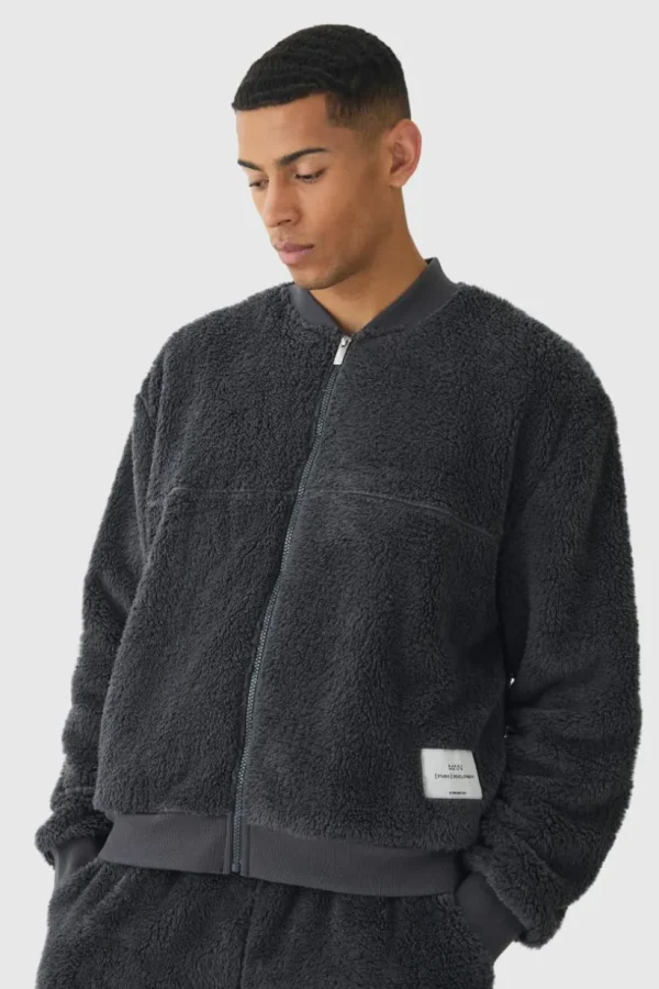 boohooMAN Oversized Boxy Woven Label Teddy Borg Bomber Jacket | Coats & Jackets