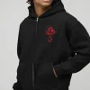 boohooMAN Oversized Boxy Zip Through Embroidered Gothic Cross Hoodie | Hoodies & Sweats