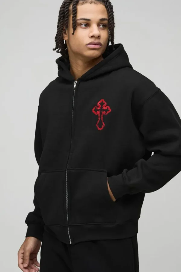 boohooMAN Oversized Boxy Zip Through Embroidered Gothic Cross Hoodie | Hoodies & Sweats