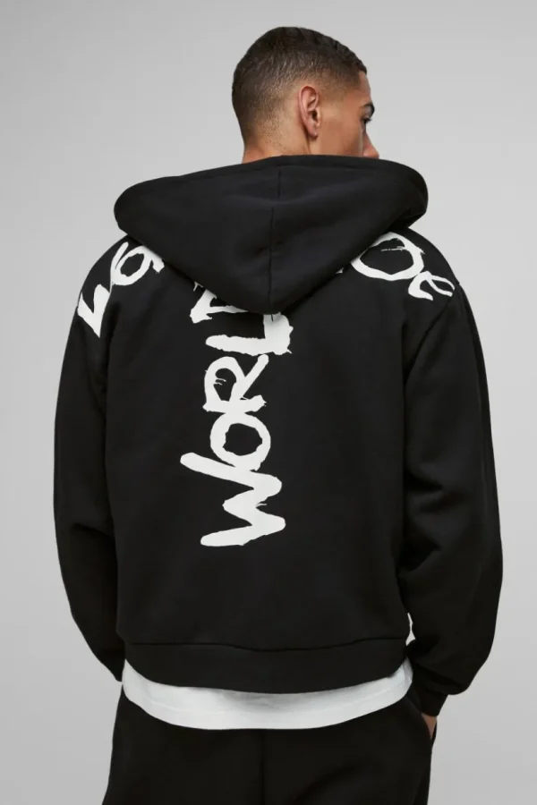 boohooMAN Oversized Boxy Zip Through Worldwide Graffiti Print Zip Through Hoodie | Hoodies & Sweats