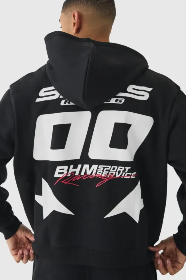boohooMAN Oversized Boxy Zip Through Moto Print Hoodie | Hoodies & Sweats
