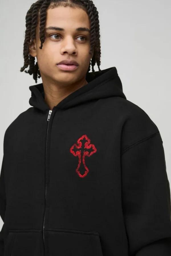 boohooMAN Oversized Boxy Zip Through Embroidered Gothic Cross Hoodie | Hoodies & Sweats
