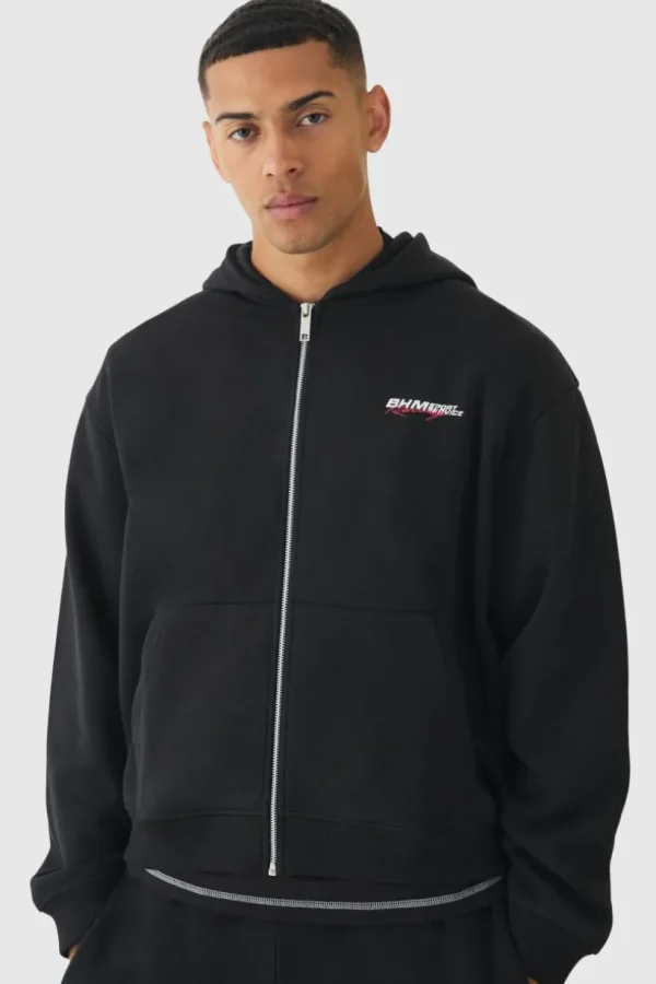 boohooMAN Oversized Boxy Zip Through Moto Print Hoodie | Hoodies & Sweats
