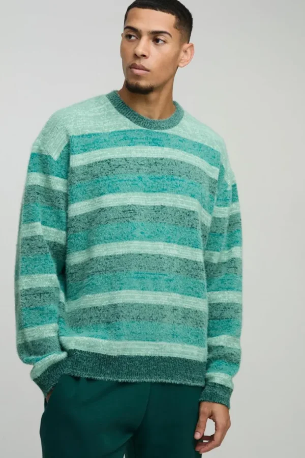 boohooMAN Oversized Brushed Stripe Knitted Jumper | Knitwear | Going Out Knitwear