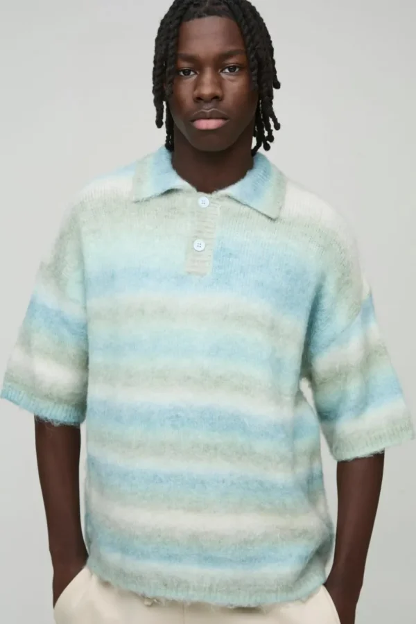 boohooMAN Oversized Brushed Stripe Short Sleeve Knitted Polo | Going Out Polo Shirts | Knitwear