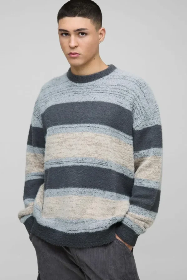 boohooMAN Oversized Brushed Stripe Knitted Jumper | Knitwear | Going Out Knitwear