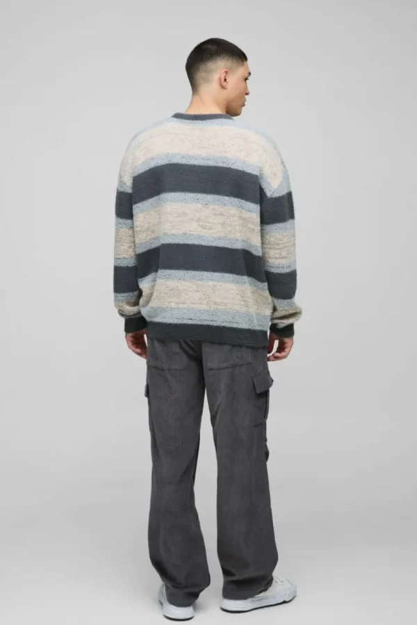 boohooMAN Oversized Brushed Stripe Knitted Jumper | Knitwear | Going Out Knitwear