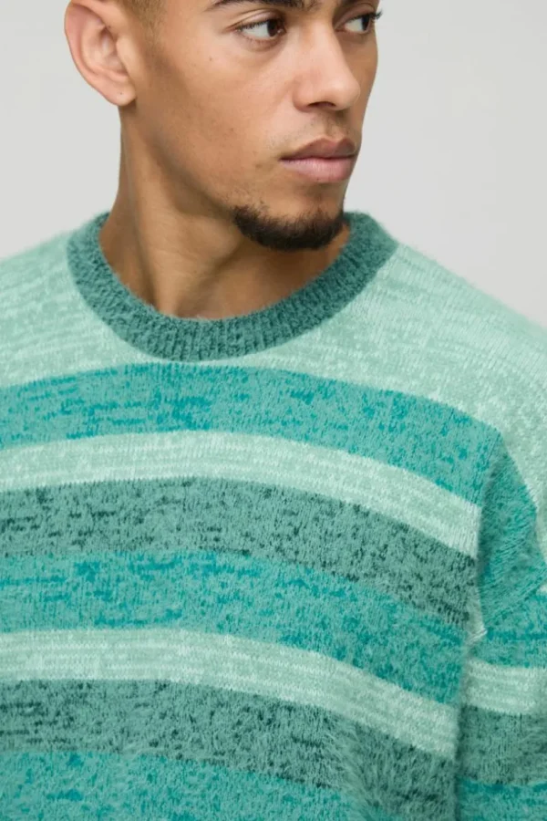 boohooMAN Oversized Brushed Stripe Knitted Jumper | Knitwear | Going Out Knitwear