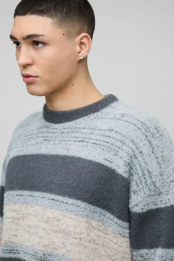 boohooMAN Oversized Brushed Stripe Knitted Jumper | Knitwear | Going Out Knitwear