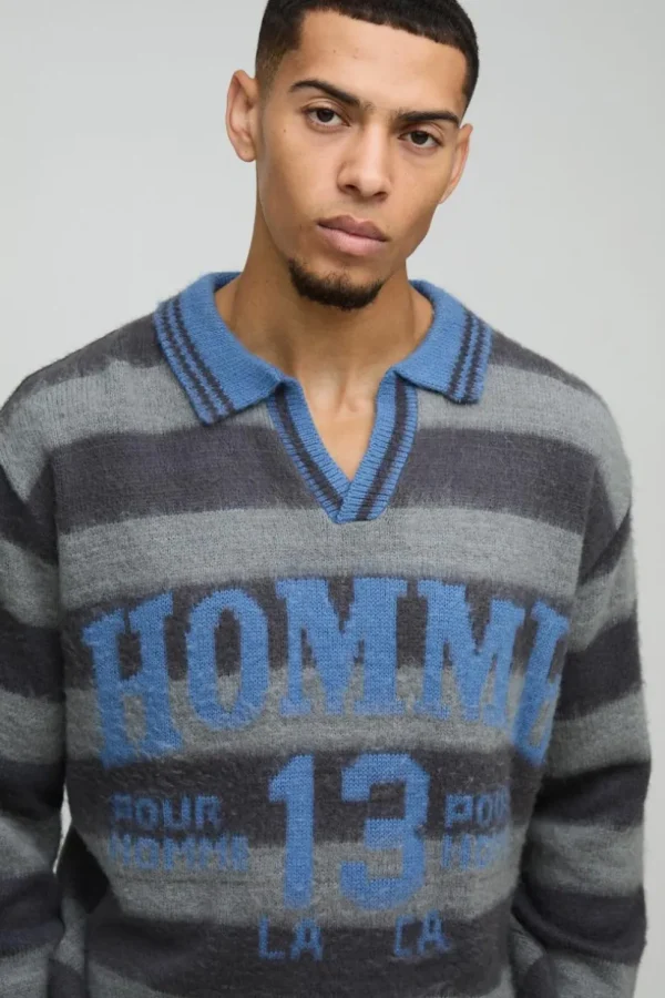 boohooMAN Oversized Brushed Striped V Neck Knit Polo | Going Out Polo Shirts | Knitwear