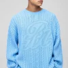 boohooMAN Oversized Cable Knit BM Crew Neck Knit Jumper | Knitwear | Going Out Knitwear