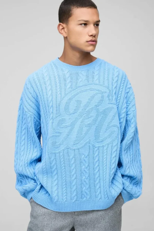 boohooMAN Oversized Cable Knit BM Crew Neck Knit Jumper | Knitwear | Going Out Knitwear