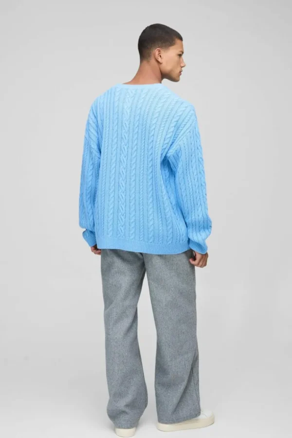 boohooMAN Oversized Cable Knit BM Crew Neck Knit Jumper | Knitwear | Going Out Knitwear