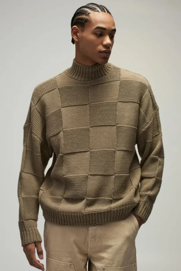 boohooMAN Oversized Check Funnel Neck Knitted Jumper | Knitwear | Going Out Knitwear