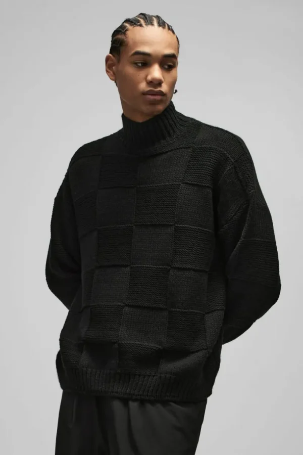 boohooMAN Oversized Check Funnel Neck Knitted Jumper | Knitwear | Going Out Knitwear