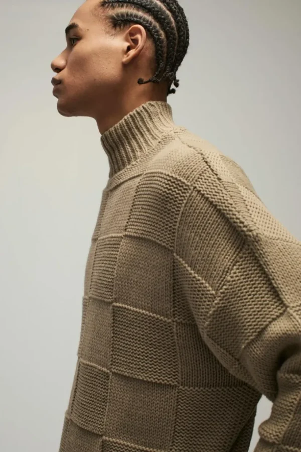 boohooMAN Oversized Check Funnel Neck Knitted Jumper | Knitwear | Going Out Knitwear