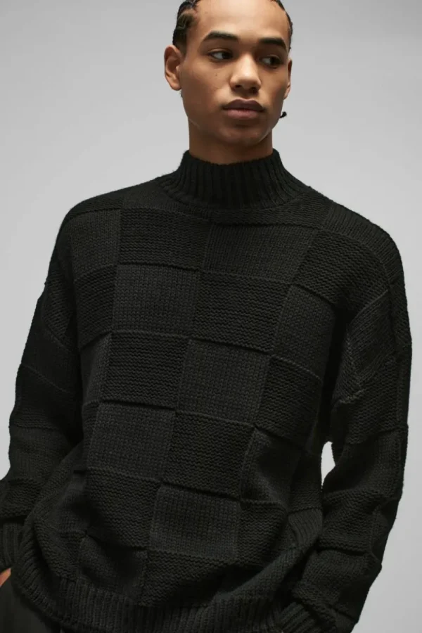 boohooMAN Oversized Check Funnel Neck Knitted Jumper | Knitwear | Going Out Knitwear