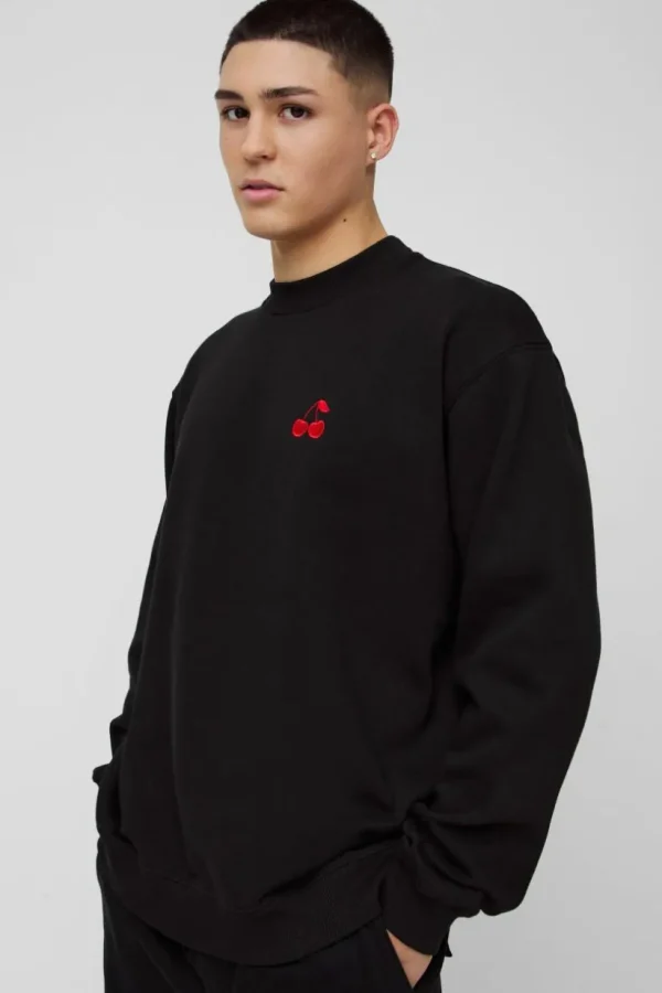 boohooMAN Oversized Cherry Embroidered Sweatshirt | Hoodies & Sweats