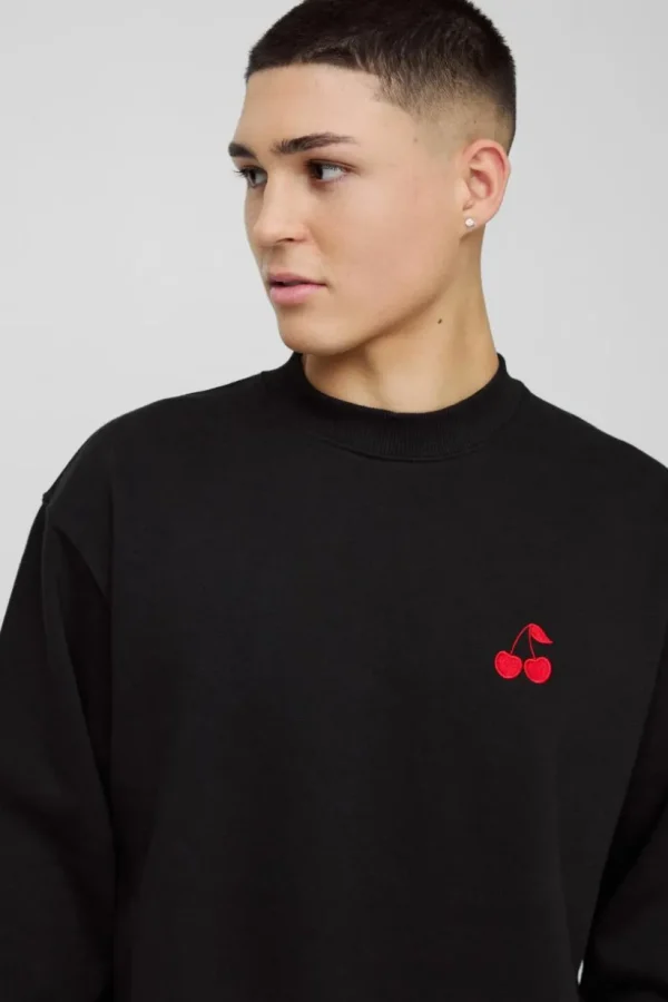 boohooMAN Oversized Cherry Embroidered Sweatshirt | Hoodies & Sweats