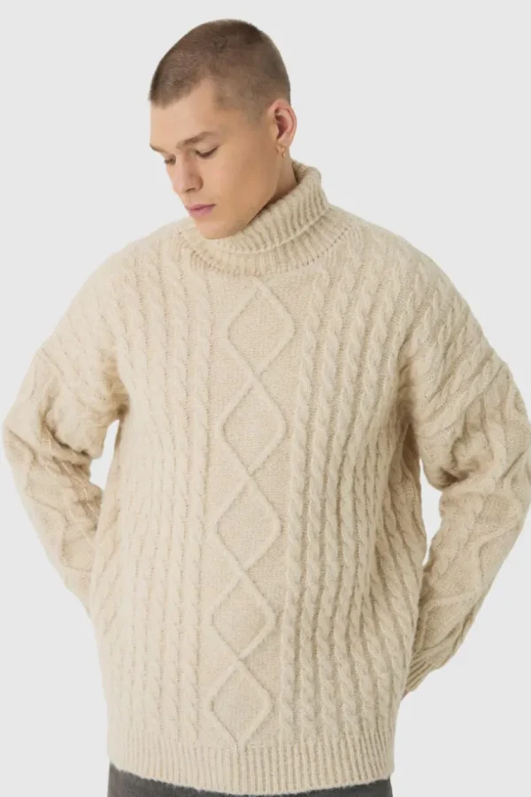 boohooMAN Oversized Chunky Cable Knit Roll Neck Jumper | Knitwear | Going Out Knitwear