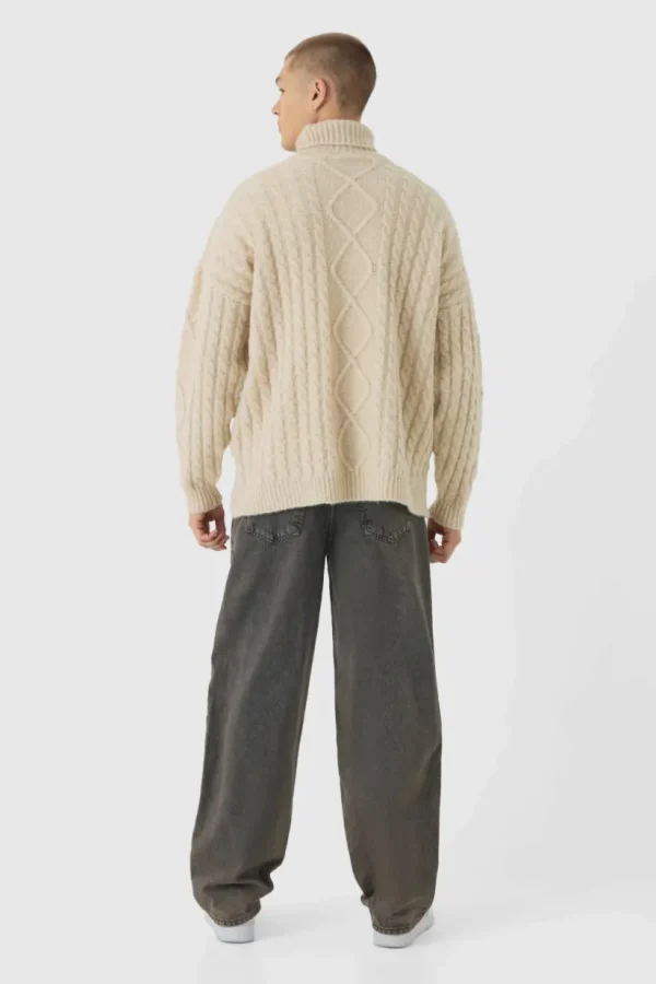 boohooMAN Oversized Chunky Cable Knit Roll Neck Jumper | Knitwear | Going Out Knitwear