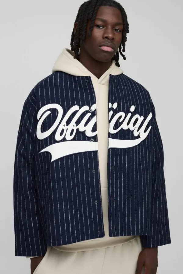 boohooMAN Oversized Collarless Stripe Baseball Varsity Jacket | Coats & Jackets