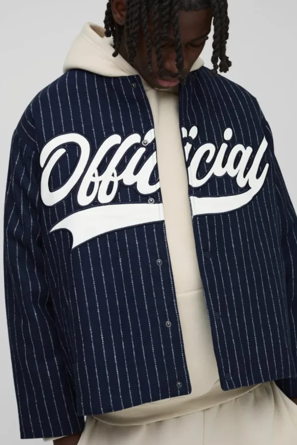 boohooMAN Oversized Collarless Stripe Baseball Varsity Jacket | Coats & Jackets