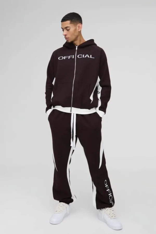 boohooMAN Oversized Colour Block Official Embroidered Zip Through Tracksuit | Tracksuits