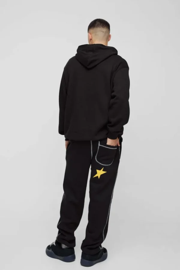 boohooMAN Oversized Contrast Stitch Star Cuffed Jogger | Joggers