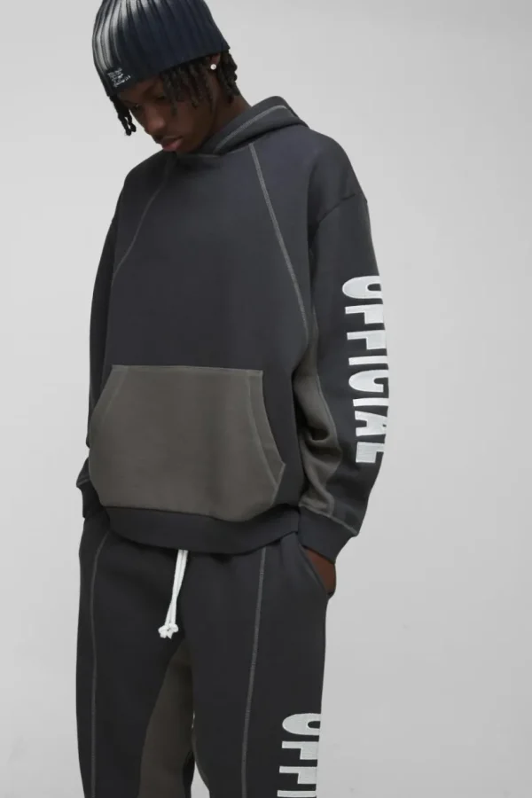 boohooMAN Oversized Contrast Stitch Colour Block Official Embroidered Tracksuit | Tracksuits