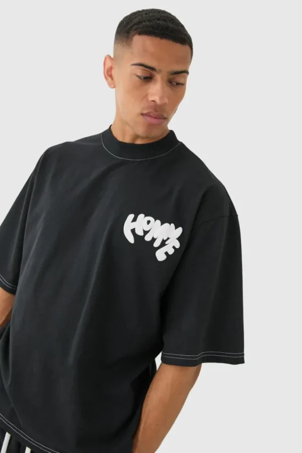 boohooMAN Oversized Contrast Stitch Puff Print Half Sleeve T-shirt | Going Out
