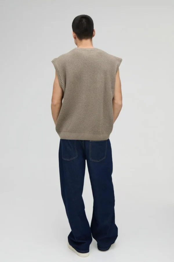 boohooMAN Oversized Crew Neck Cable Knitted Vest | Knitwear | Going Out Knitwear