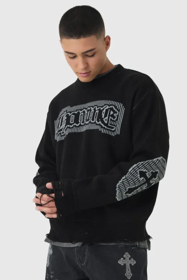 boohooMAN Oversized Crew Neck Homme Distressed Cross Knitted Jumper | Knitwear | Going Out Knitwear