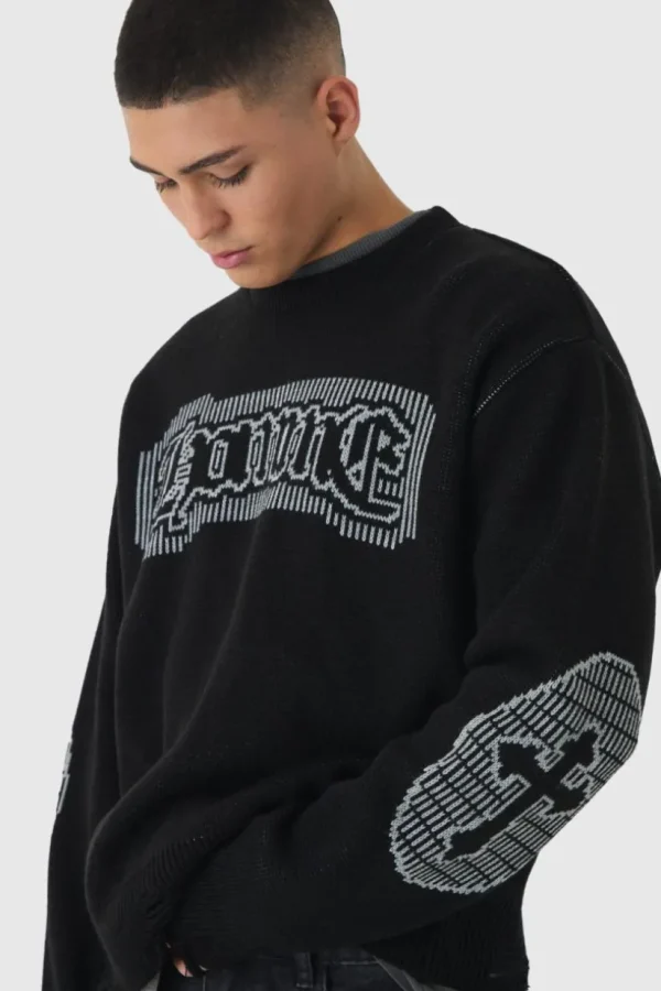 boohooMAN Oversized Crew Neck Homme Distressed Cross Knitted Jumper | Knitwear | Going Out Knitwear