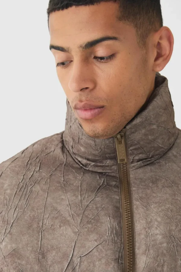 boohooMAN Oversized Crinkle Funnel Neck Puffer Jacket In | Coats & Jackets