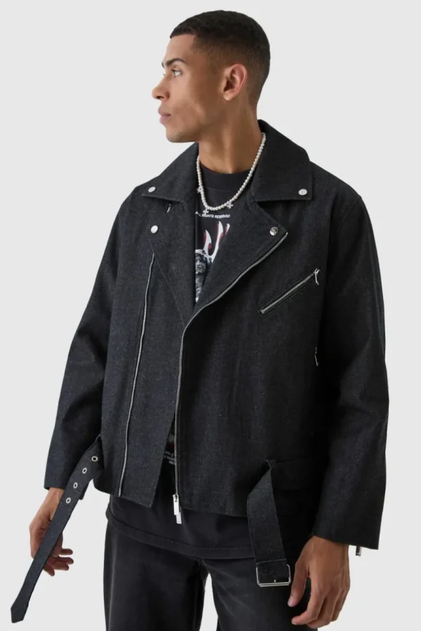 boohooMAN Oversized Denim Biker Jacket | Denim | Going Out Denim